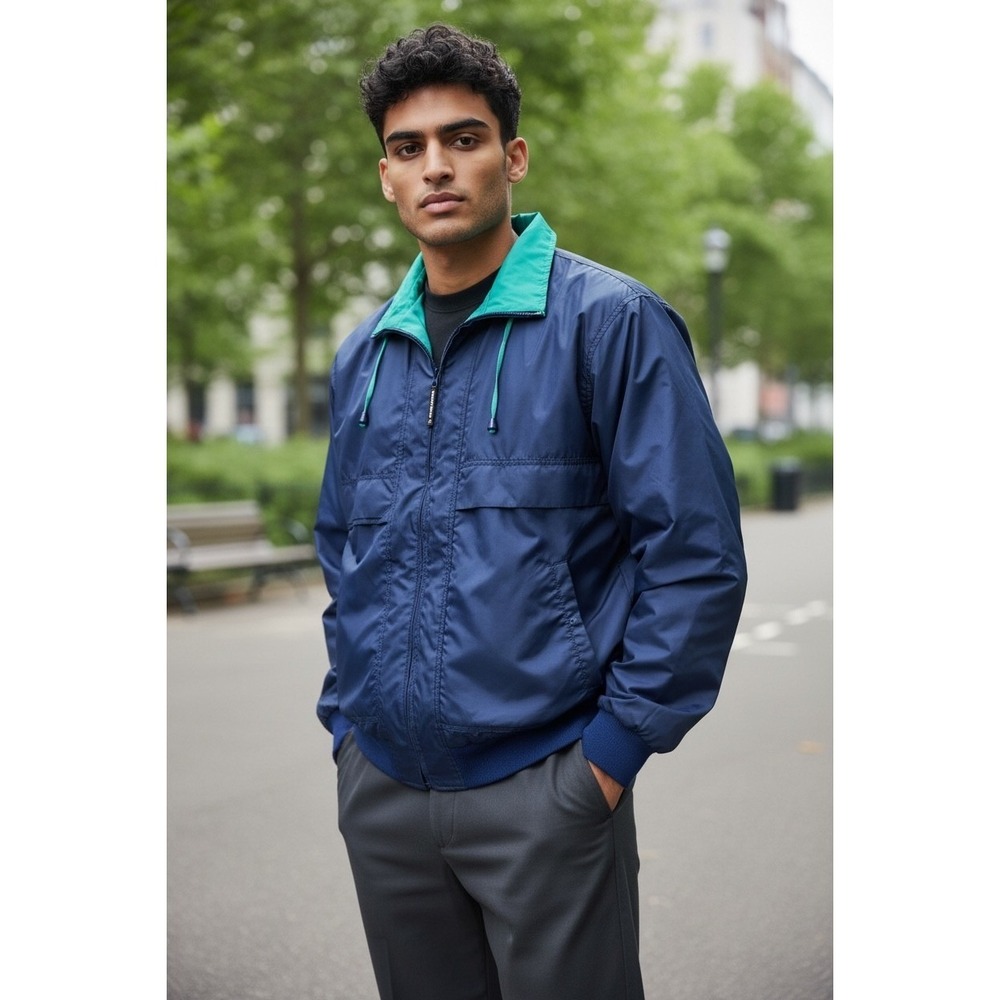 Men's Navy Windbreaker Jacket with Teal Collar